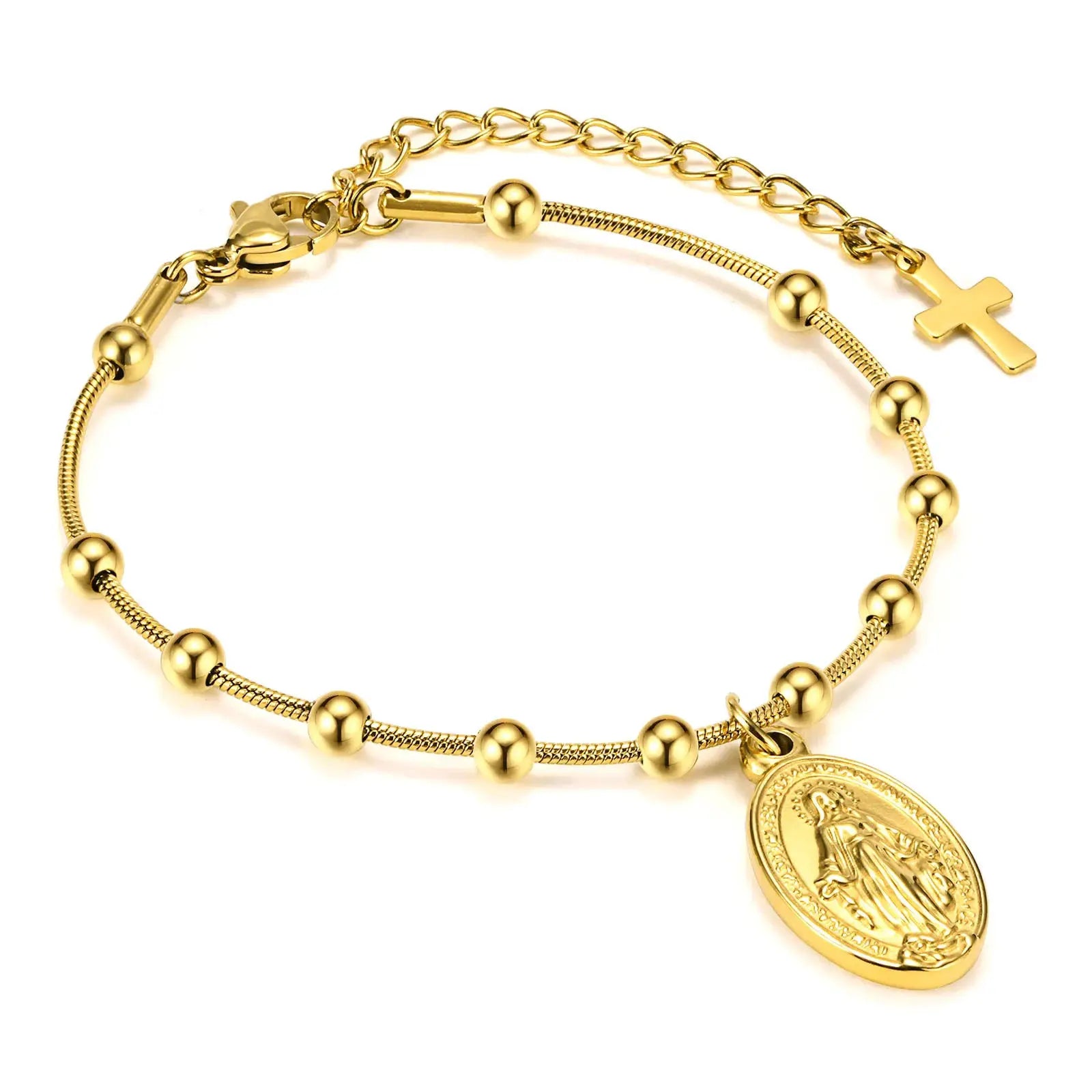 Bracelet trombone réglable en acier inoxydable doré avec médaille religieuse et croix