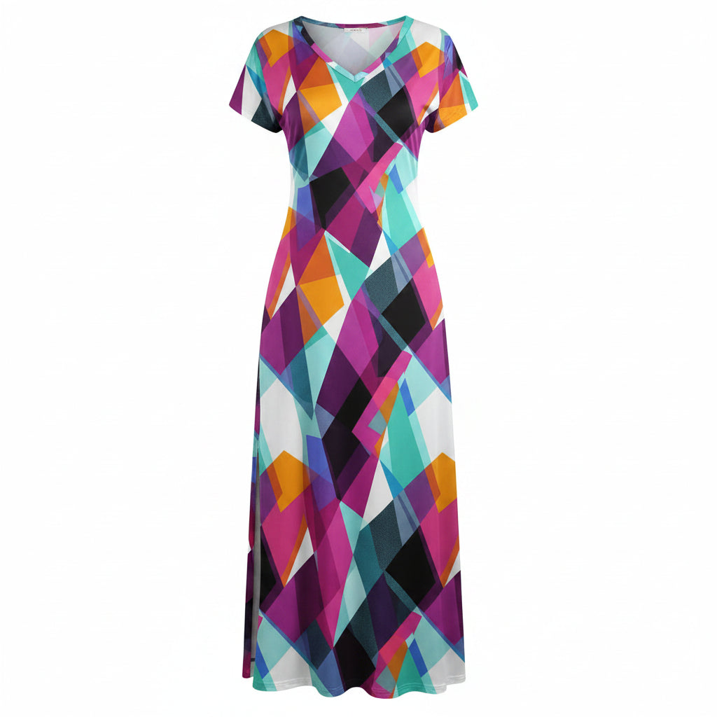 Robe longue florale – Col en V, manches courtes, fente latérale