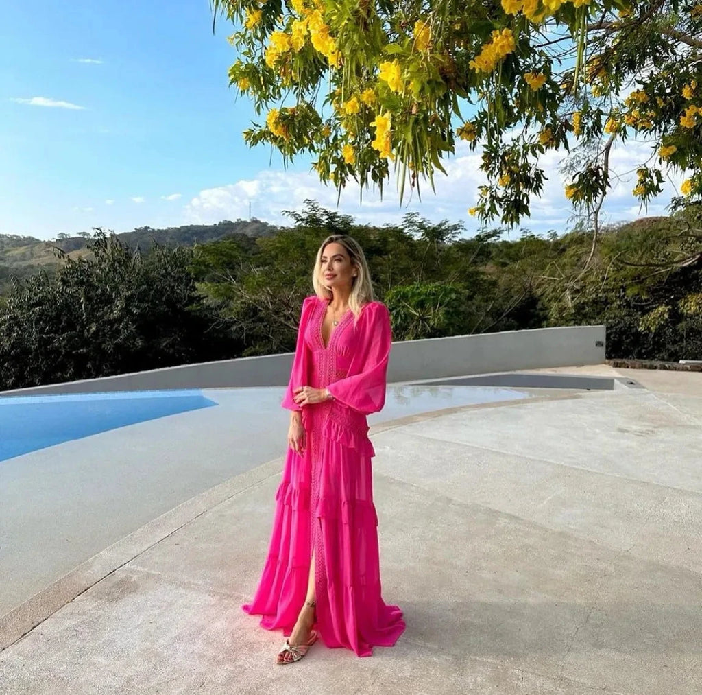 Robe longue ajourée col V taille empire manches lanternes - LSDLBoutique