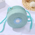 Sac à main rond en rotin turquoise, bandoulière tressée, motif fleur bleue et crème, fait à la main