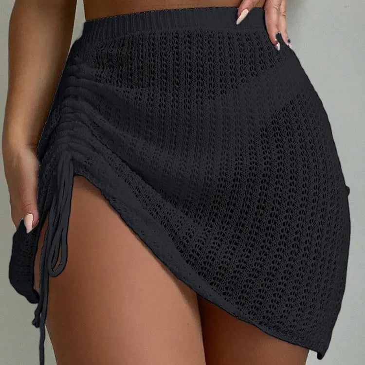 Jupe courte tricot ajouré noir pour femme avec cordon de serrage, LSDLBoutique