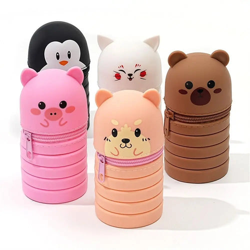 Cartoon Animal Foldable Silicone Pencil Case Flexible Desk Organizer Stationery Storage Bag Cute Folding Pen Pouch Organizer