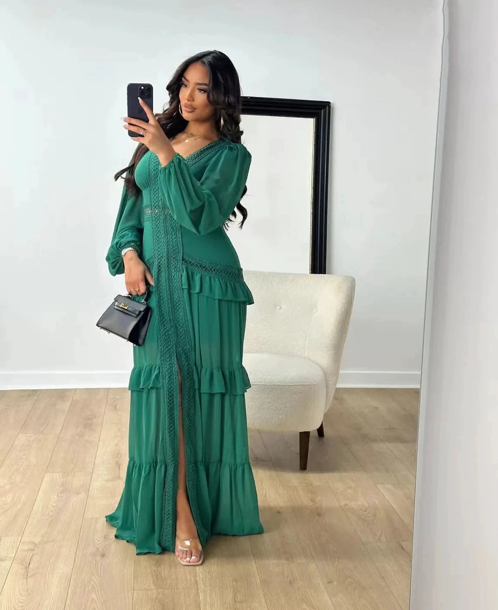 Robe longue ajourée col V taille empire manches lanternes - LSDLBoutique
