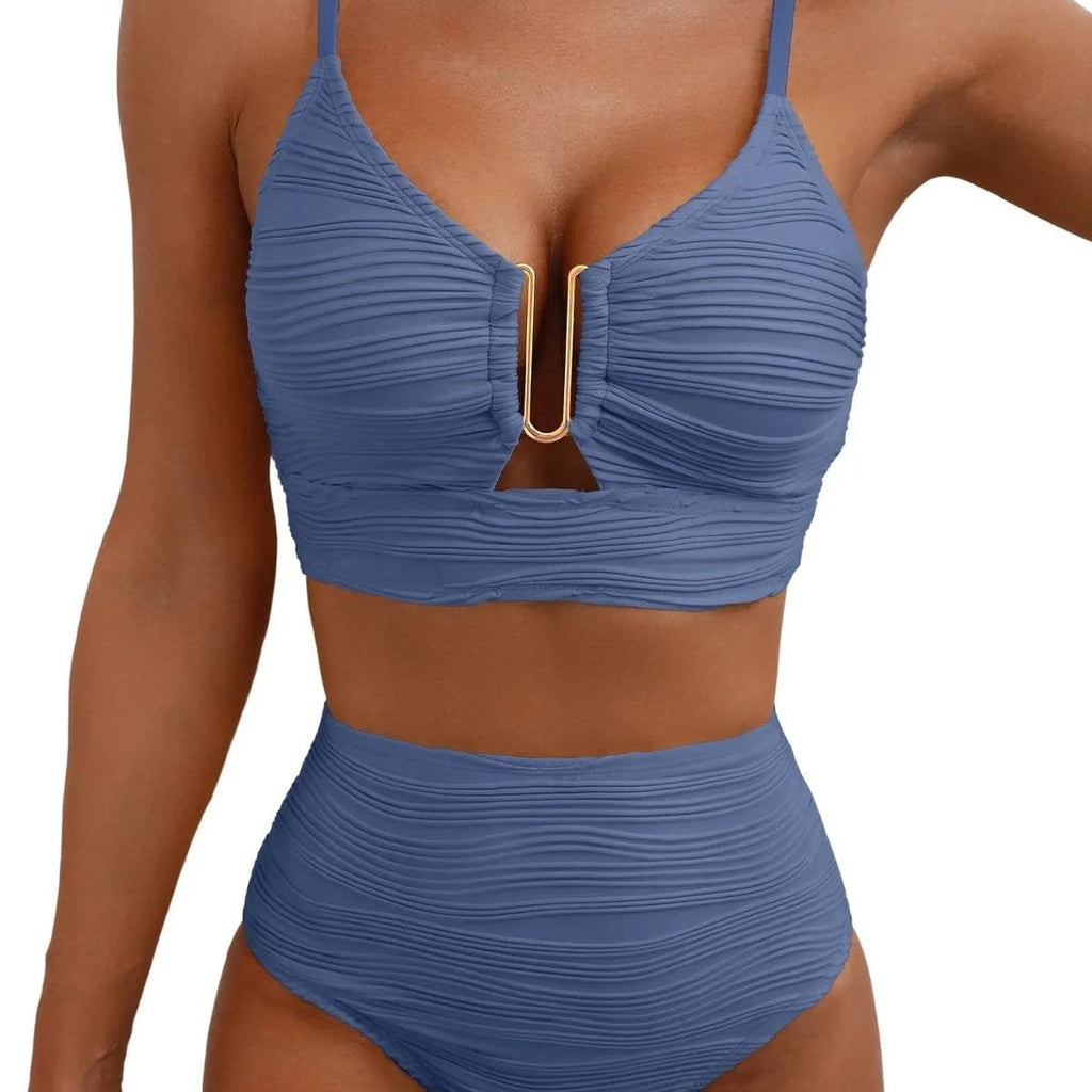 Zweiteiliger High-Waist Triangel-Badeanzug – Pure Color
