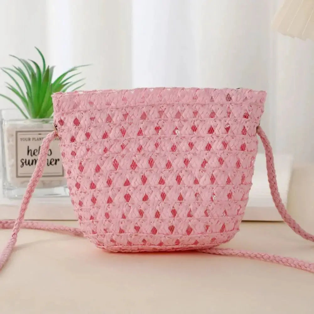 Mini sac en paille tressée rose pour enfant, petit sac estival avec longue sangle tressée