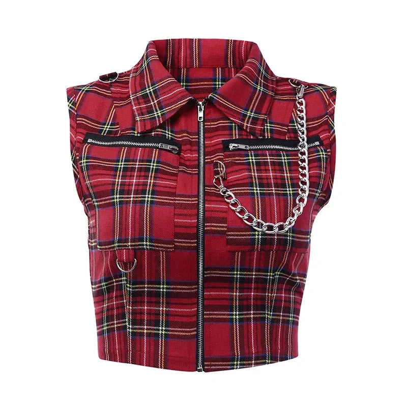 T-shirt court sans manches à carreaux femme – Zip frontal - LSDLBoutique