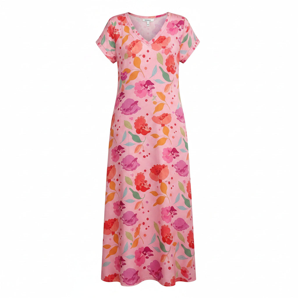 Robe longue florale – Col en V, manches courtes, fente latérale
