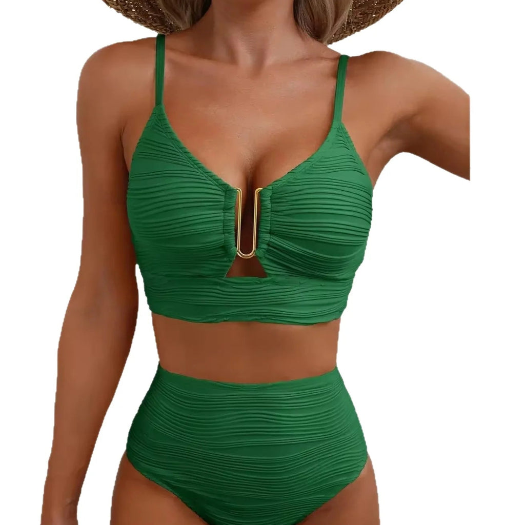 Zweiteiliger High-Waist Triangel-Badeanzug – Pure Color