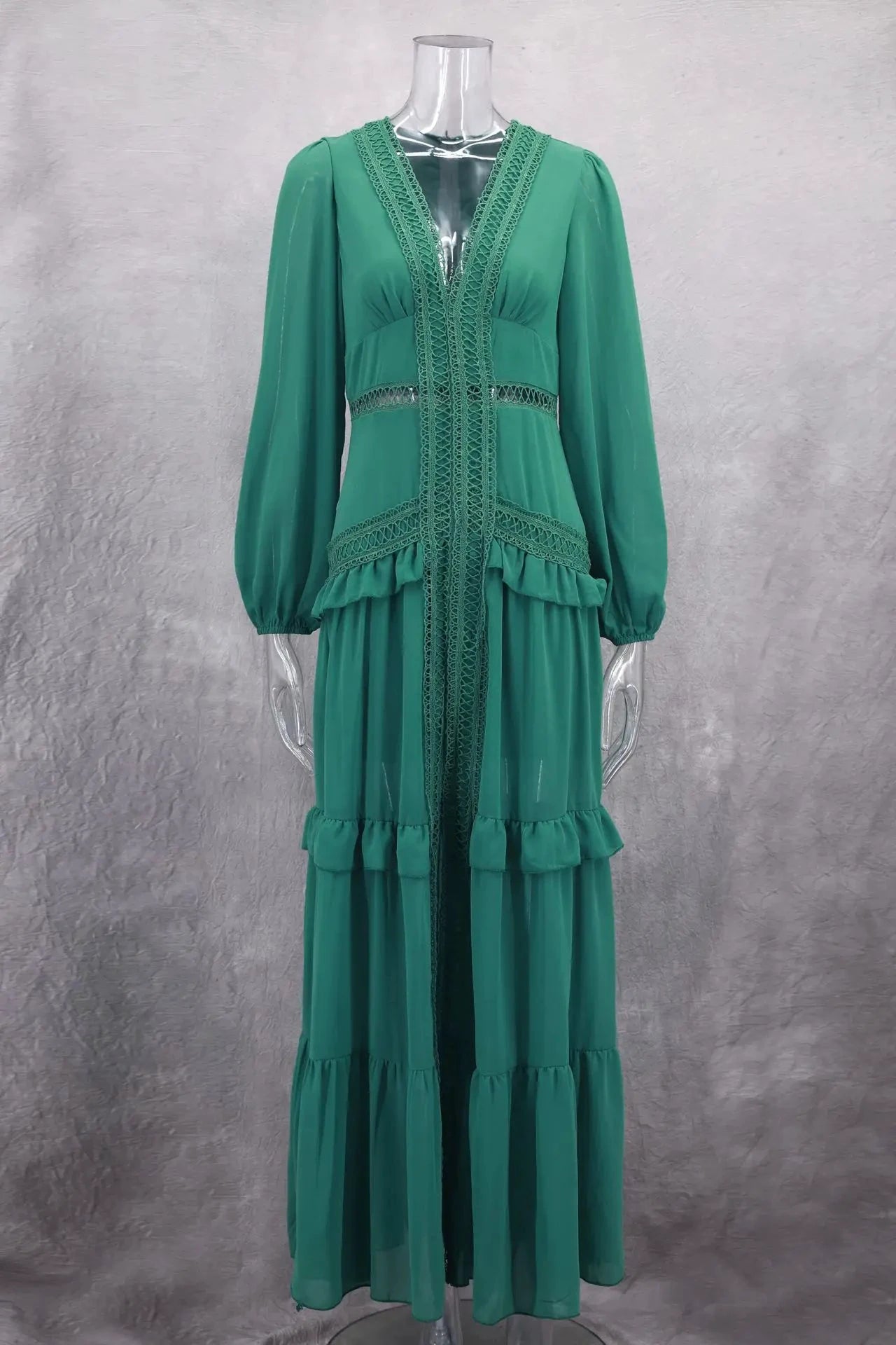 Robe longue ajourée col V taille empire manches lanternes - LSDLBoutique