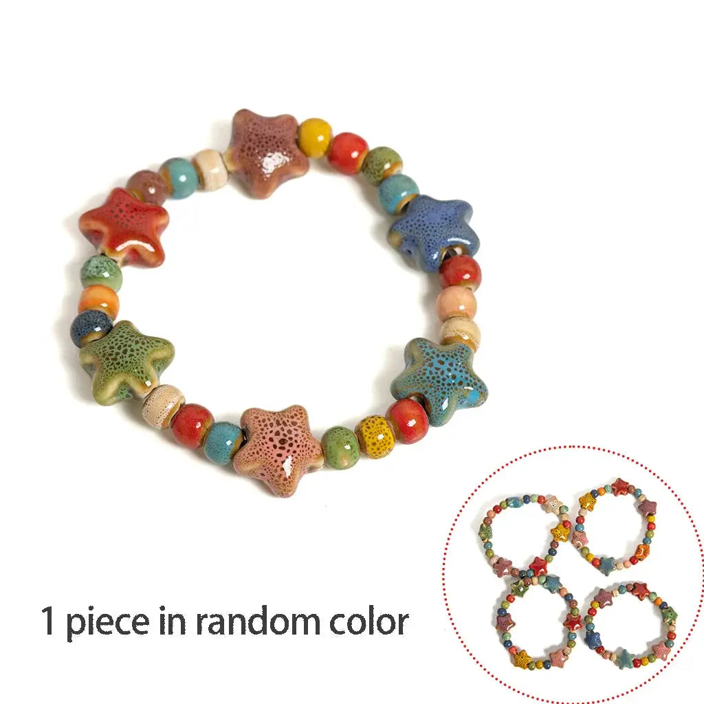 Bracelet élastique en perles céramique multicolores, motifs étoile de mer et coquillage – Boho plage, 4 pièces