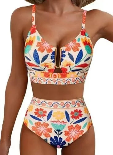 Zweiteiliger High-Waist Triangel-Badeanzug – Pure Color