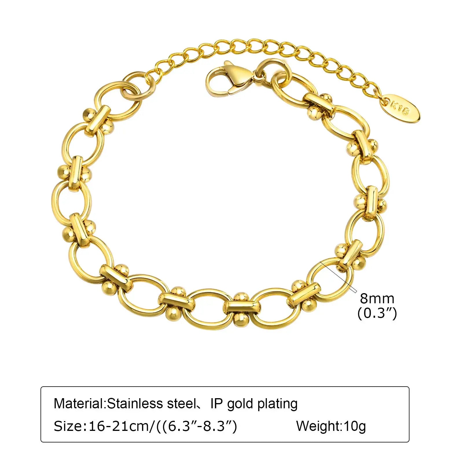 Bracelet trombone réglable en acier inoxydable doré, maillons ovales avec billes décoratives