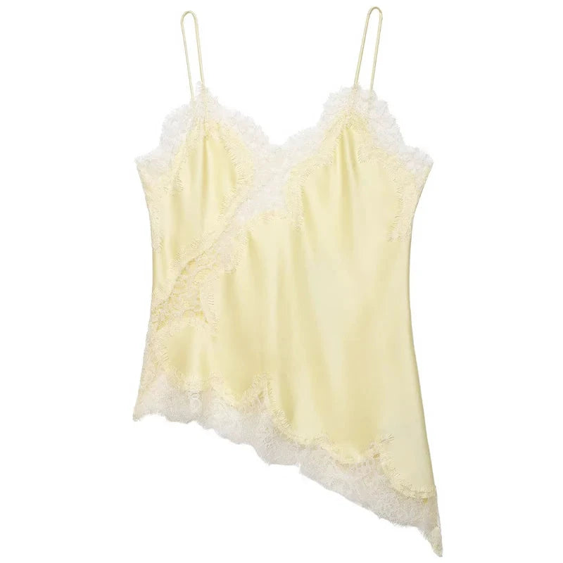 Camisole asymétrique en satin et dentelle – Bretelles fines - LSDLBoutique