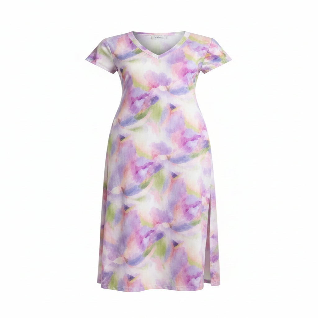 Robe longue bohème florale – Col en V, manches courtes, fente latérale