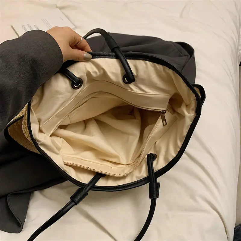 Sac fourre-tout MOODS en tissu, grande capacité, extérieur noir, intérieur beige avec poche zippée