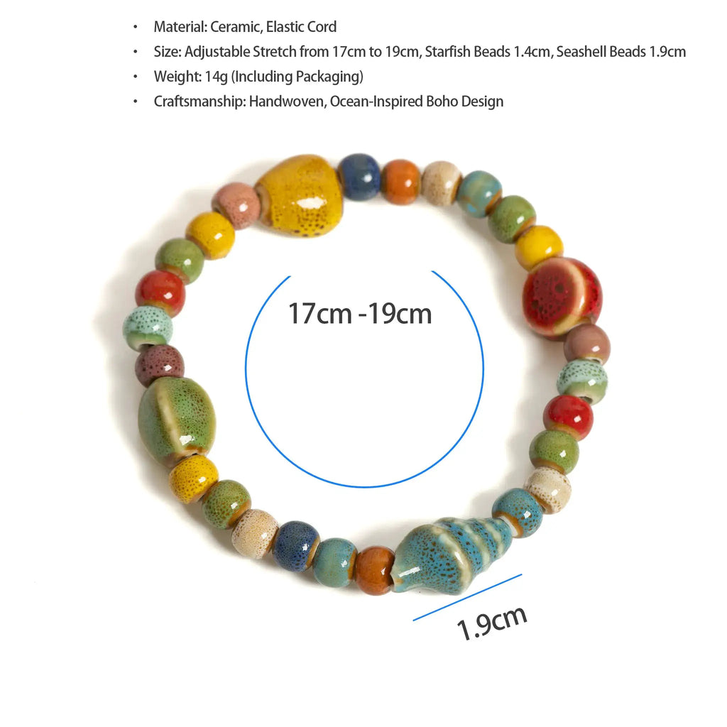 Bracelet élastique en perles céramiques multicolores avec motifs étoile de mer et coquillage – Boho Plage, LSDLBoutique