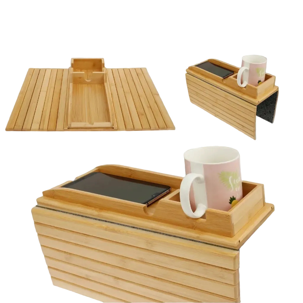 Plateau d'accoudoir de canapé en bambou pliable avec porte-gobelet antidérapant