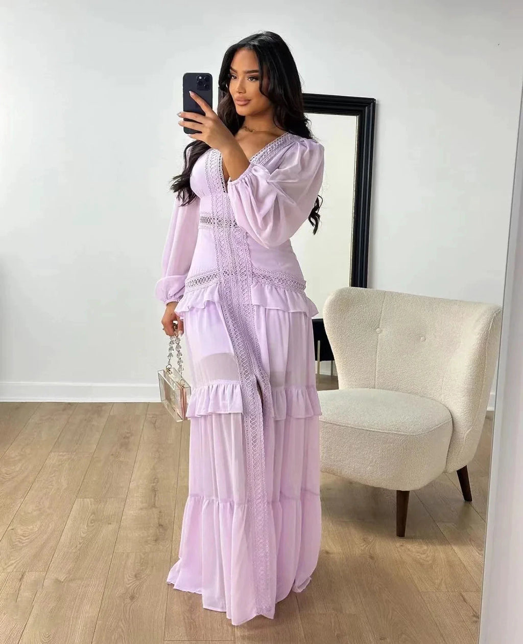 Robe longue ajourée col V taille empire manches lanternes - LSDLBoutique