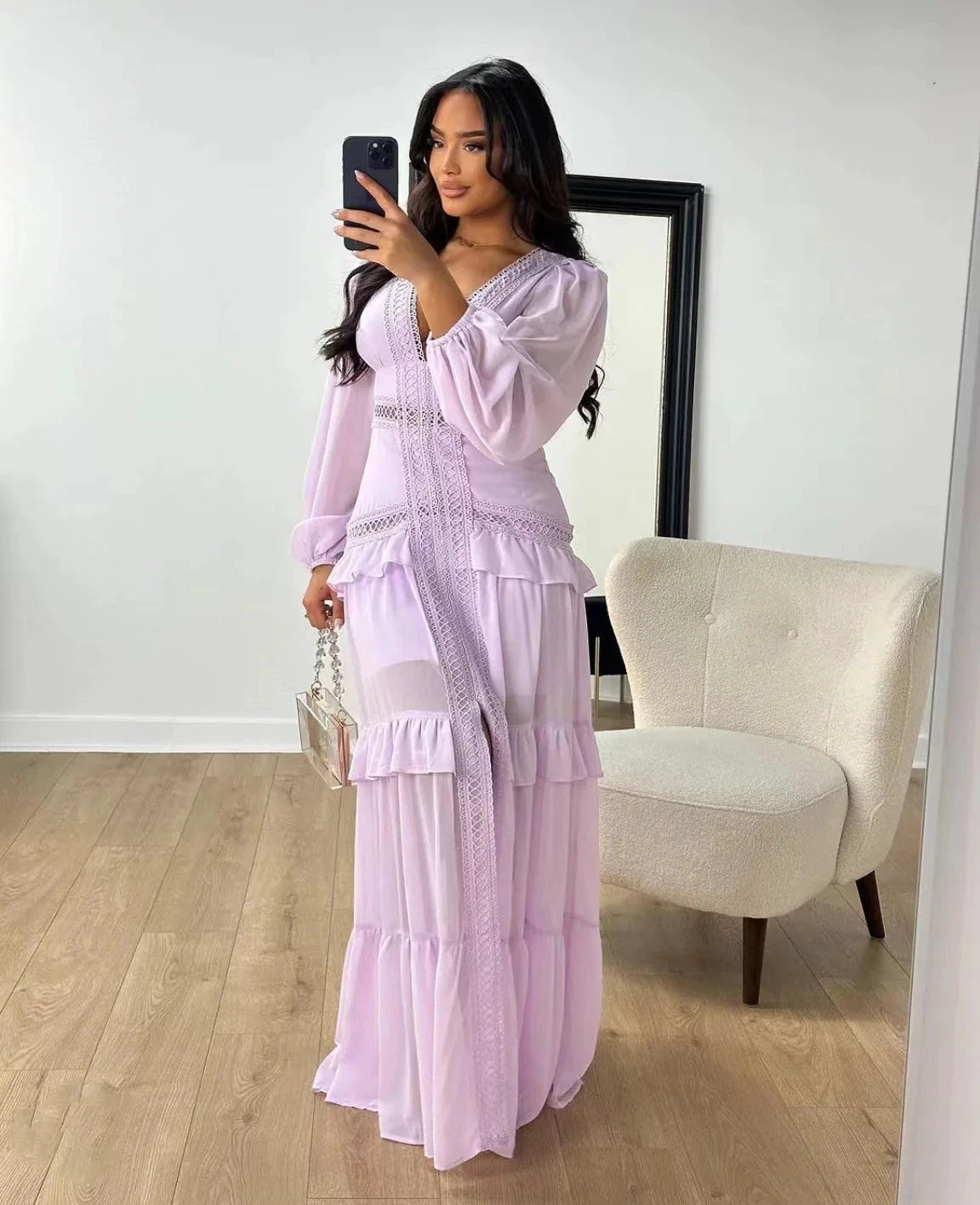Robe longue ajourée col V taille empire manches lanternes - LSDLBoutique