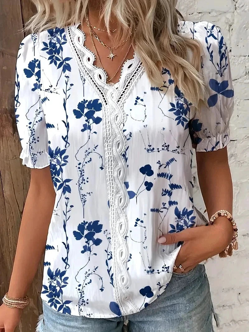 Chemise de vacances féminine en jacquard – Col V ajouré - LSDLBoutique