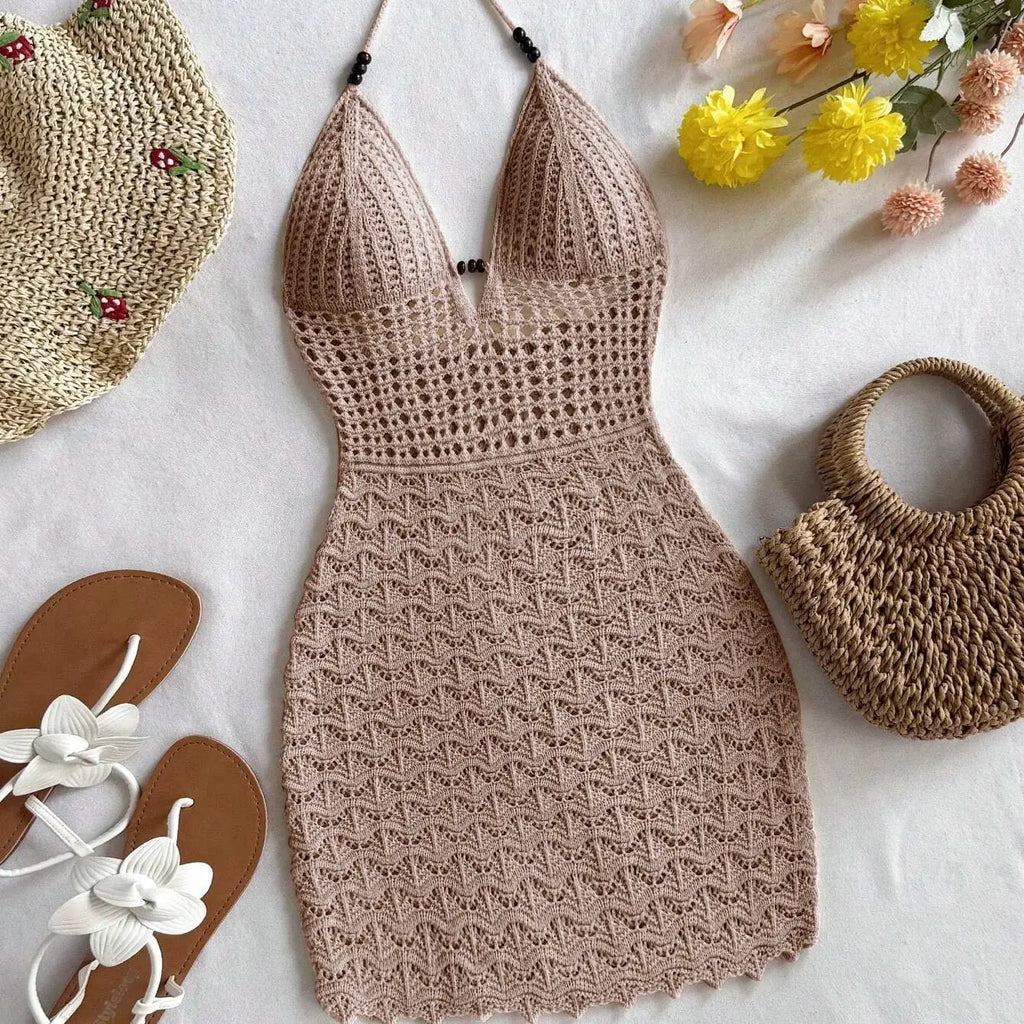 Robe d'été courte en maille à perles de bois – Soleia - LSDLBoutique