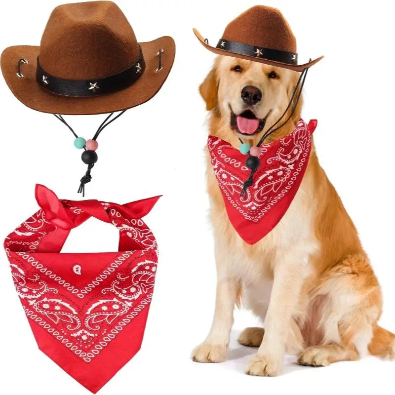Ensemble chapeau cowboy brun à bande noire et bandana rouge paisley pour chien/chat