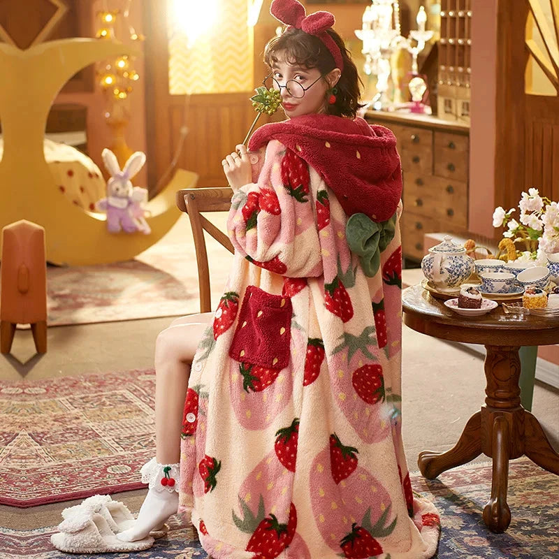 Pyjama d’hiver polaire à capuche motif fraise – robe et pantalon - LSDLBoutique