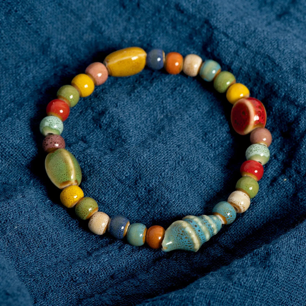 Bracelet élastique en perles céramique multicolores, style boho plage