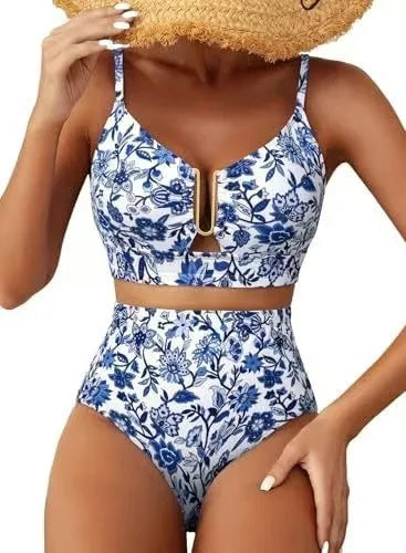 Zweiteiliger High-Waist Triangel-Badeanzug – Pure Color