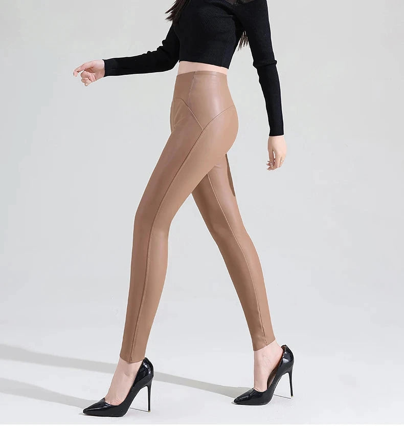 High-Waisted PU Leather Leggings – Snake Print