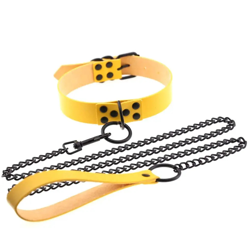 Ensemble collier et laisse en cuir synthétique jaune, chaîne noire et rivets, style gothique punk - LSDLBoutique