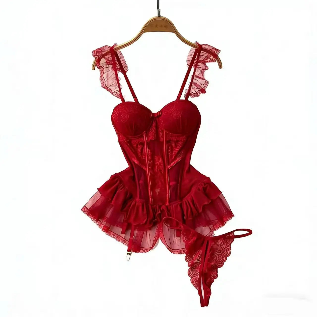 Bustier-corset rouge en dentelle avec bretelles et volants en tulle, ensemble lingerie sexy