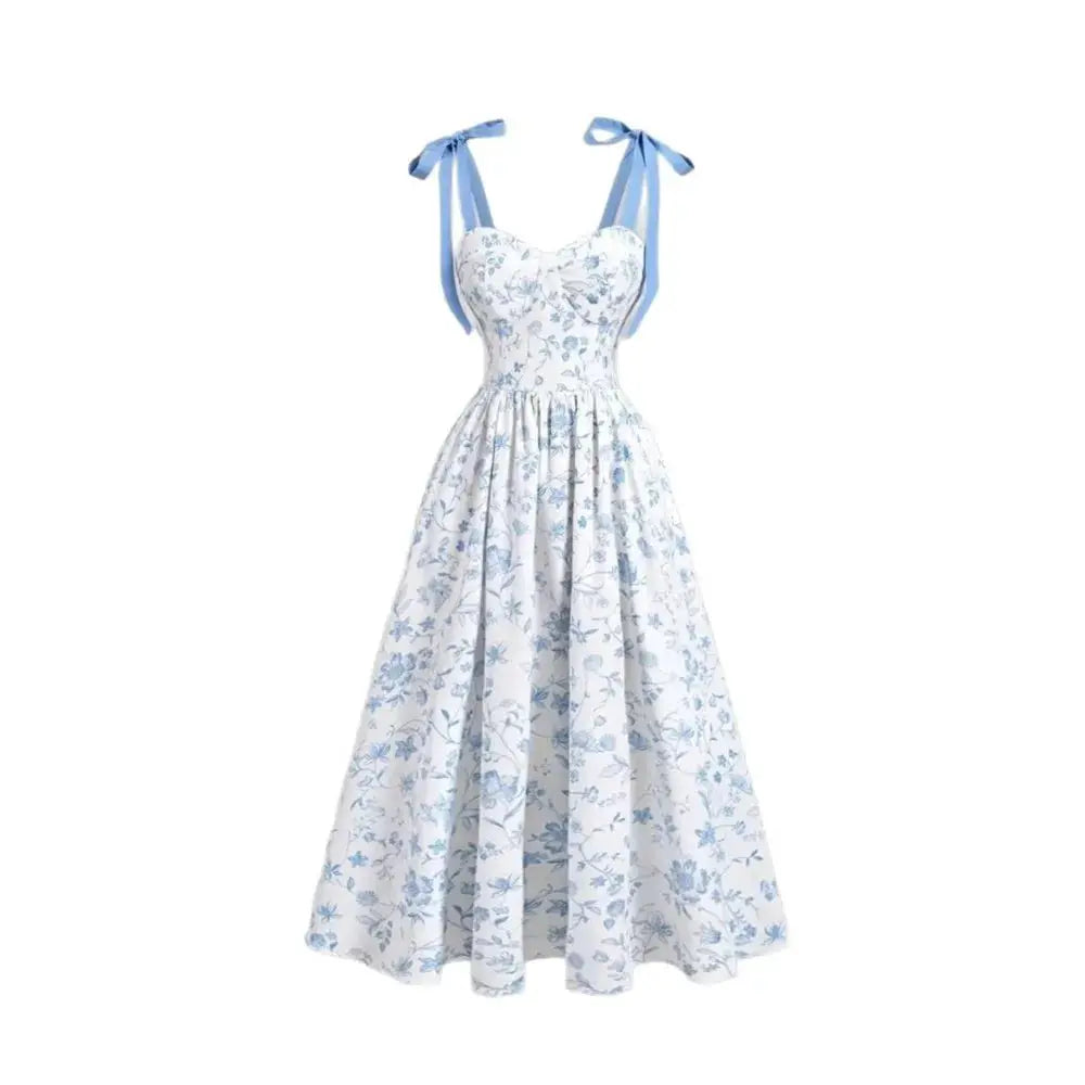 Robe mi-mollet imprimé floral bleu et blanc à bretelles fines LSDLBoutique