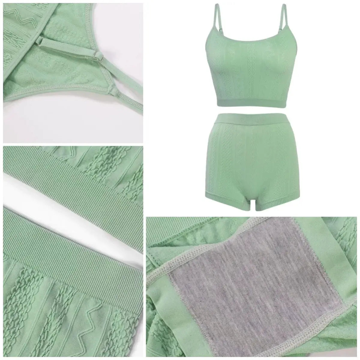 Ensemble lingerie vert menthe: haut bralette à bretelles fines et short taille haute, texture jacquard