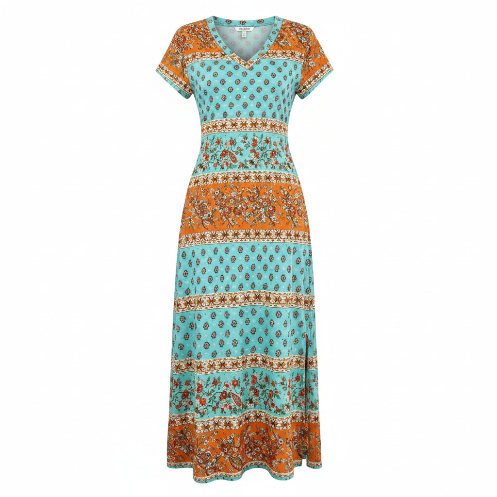 Robe longue bohème florale – Col en V, manches courtes, fente latérale