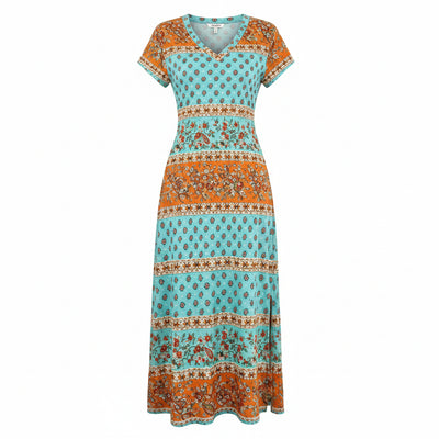 Boho Maxikleid mit Blumenmuster – V-Ausschnitt, kurze Ärmel, seitlicher Schlitz
