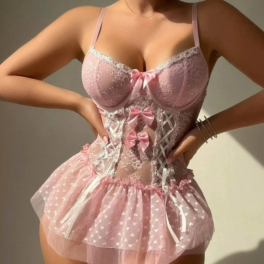 Les Secrets de Léa – Ensemble bustier dentelle noir nœuds roses – Isaline – vue 10