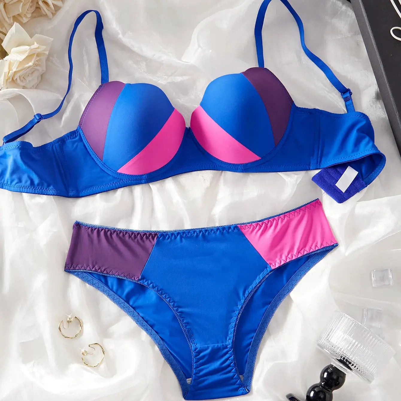 Bikini push-up bicolore Two-Tone, ensemble deux pièces bleu avec panneaux rose et violet, LSDLBoutique