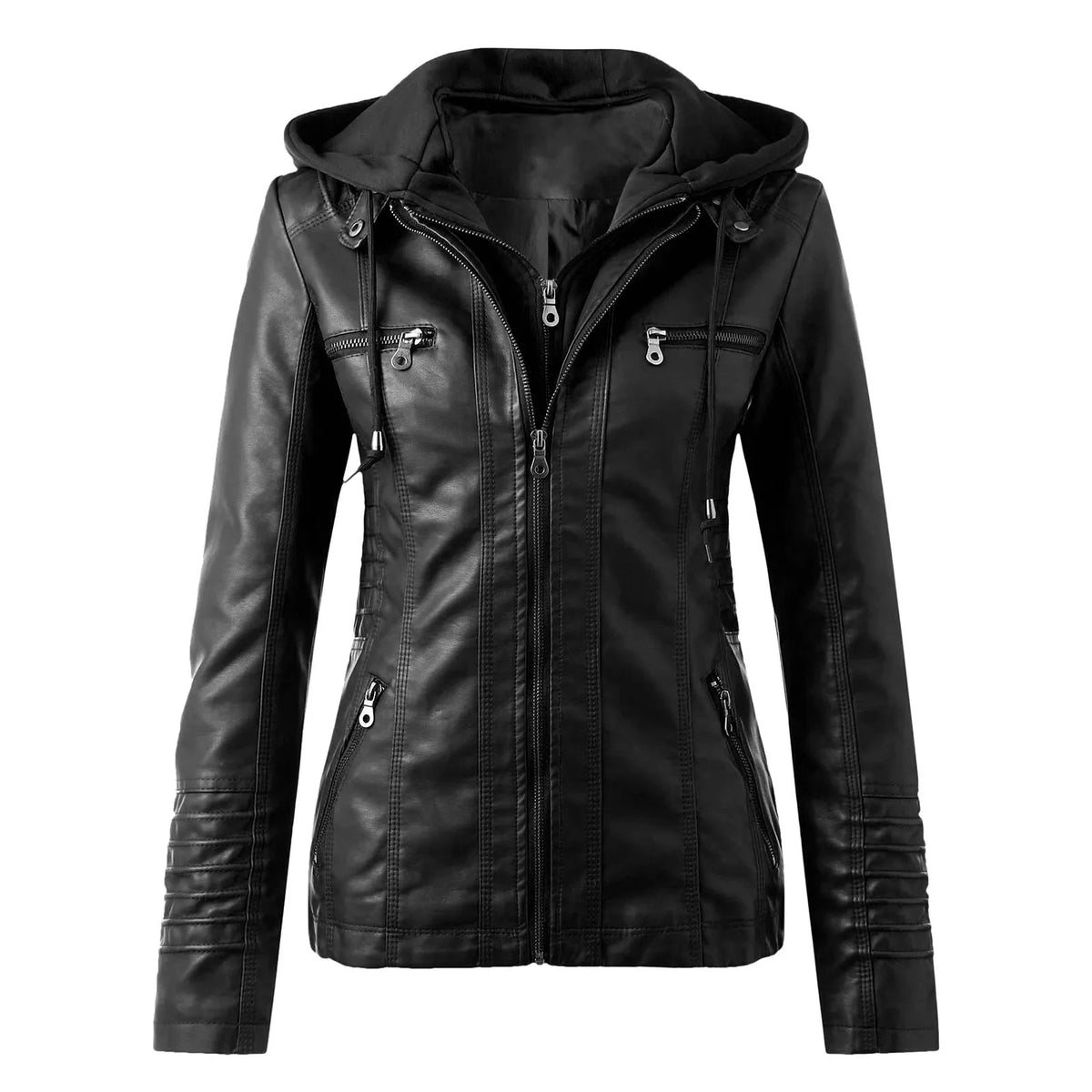 Veste Moto Femme Cuir Synthétique à Capuche – Fermeture Éclair – Noir | Les Secrets de Léa