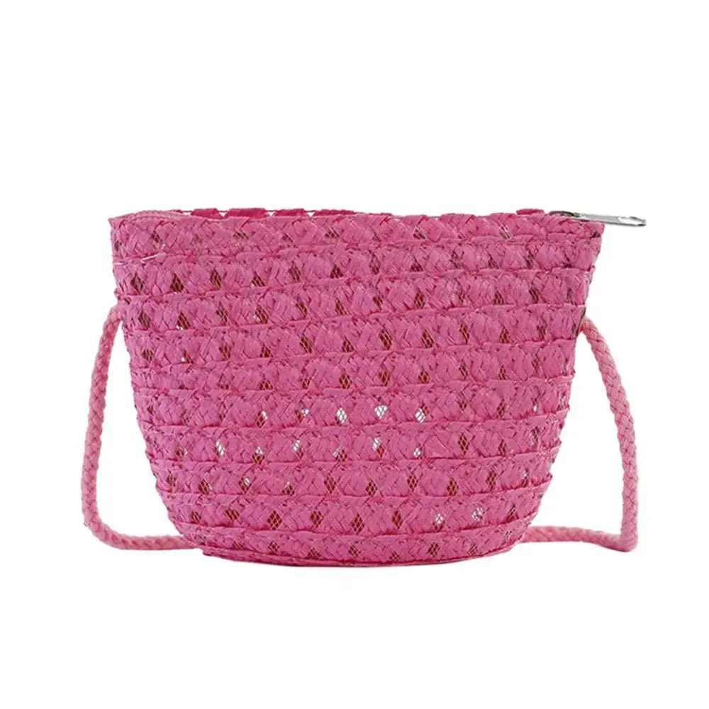 Mini sac en paille tressée pour enfant, rose, fait main, bandoulière estivale