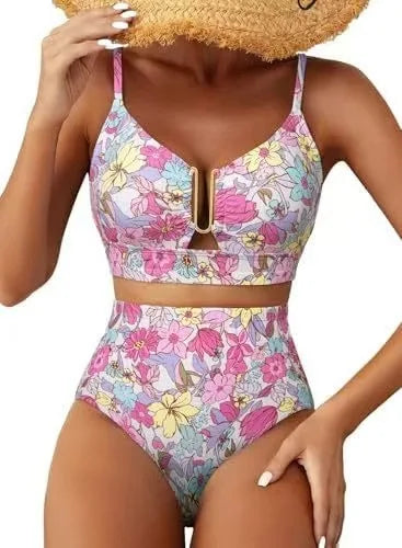 Zweiteiliger High-Waist Triangel-Badeanzug – Pure Color