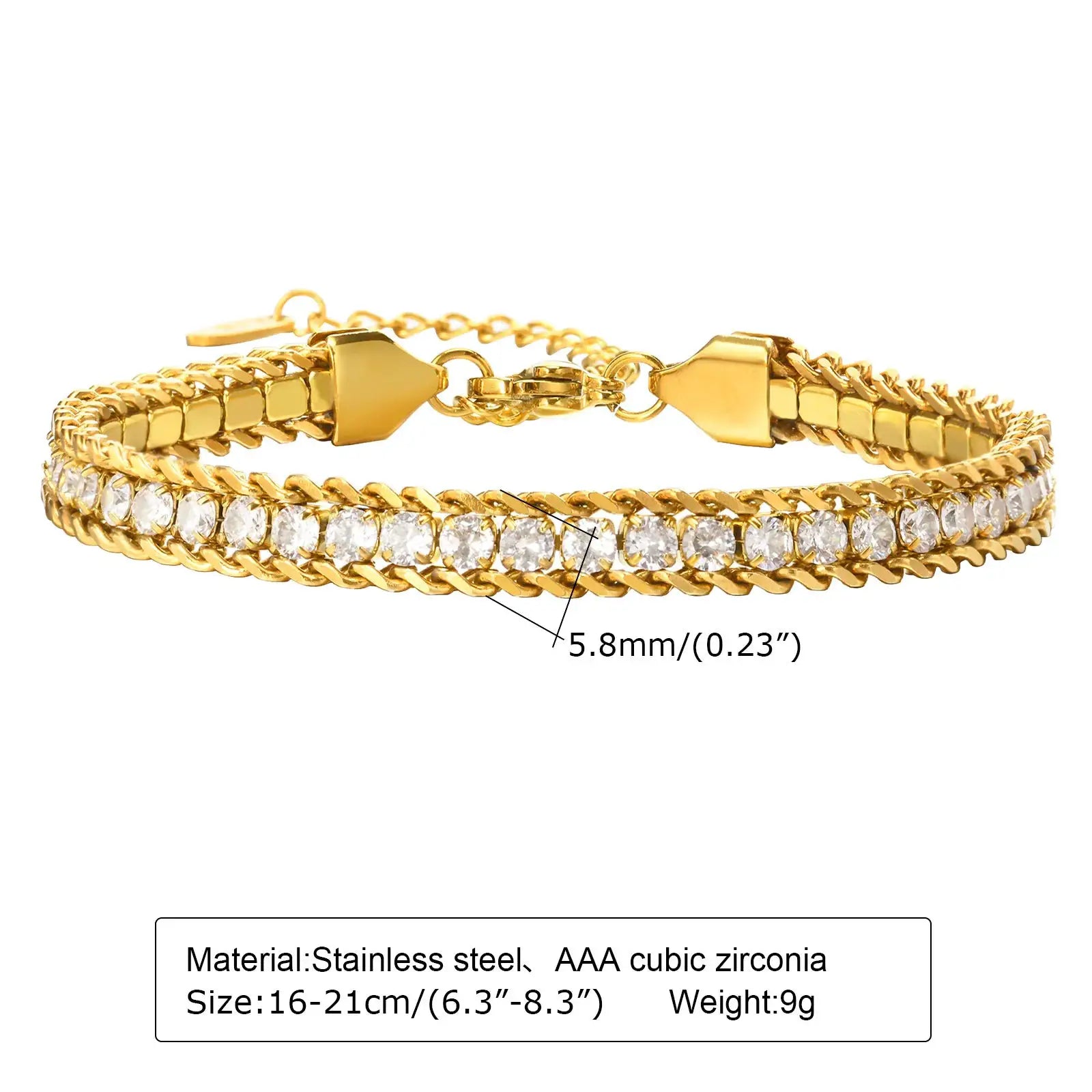 Bracelet trombone réglable en acier inoxydable doré avec zircons cubiques