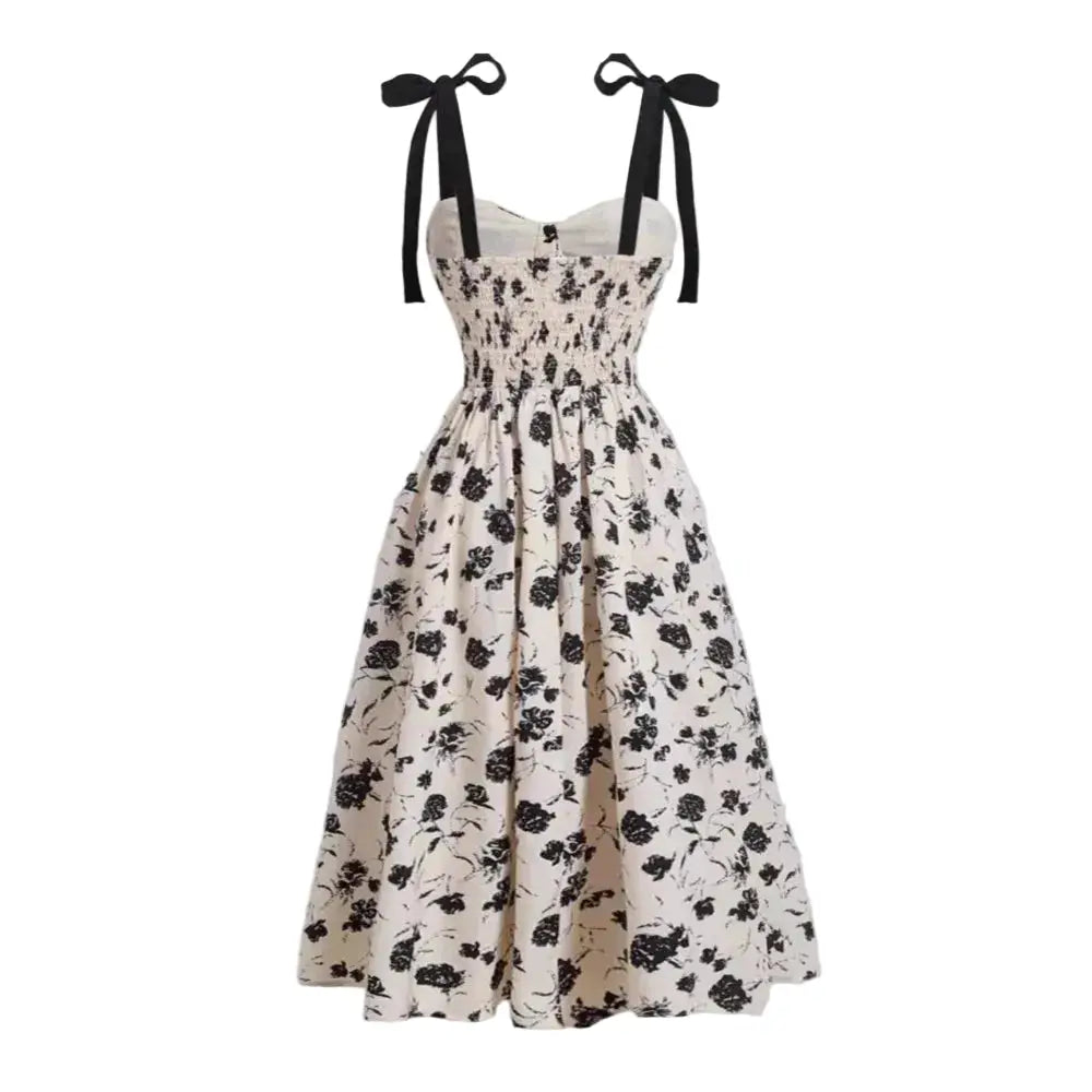 Robe mi-mollet à bretelles fines imprimé floral, fond crème, nœuds noirs, LSDLBoutique
