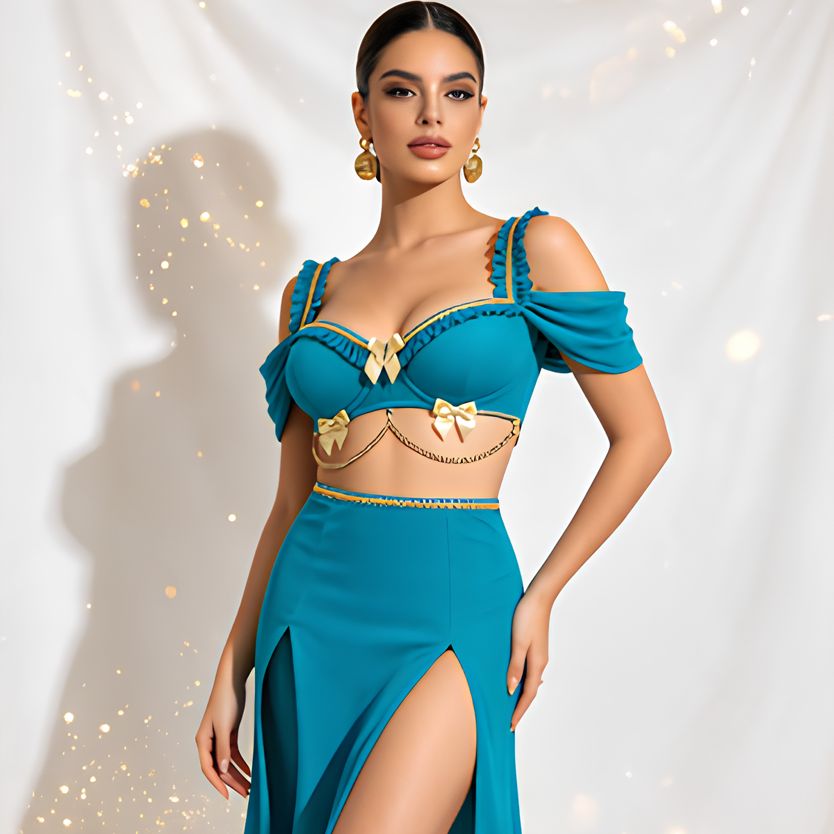 Turquoise Chain Outfit with Long Slit Skirt – Jasmine