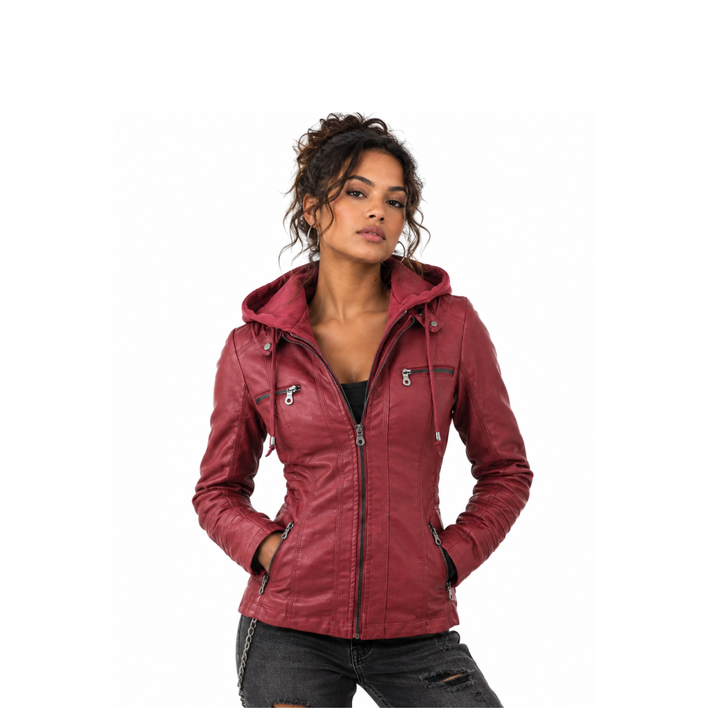 Motorradjacke Damen Kunstleder mit Kapuze – Reißverschluss