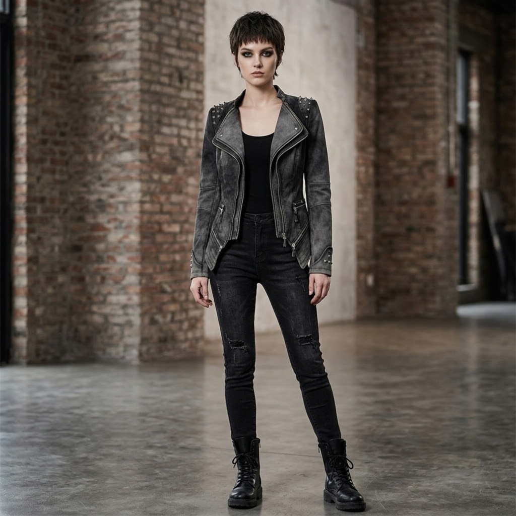 Veste en jean grise femme à rivets – Style gothique