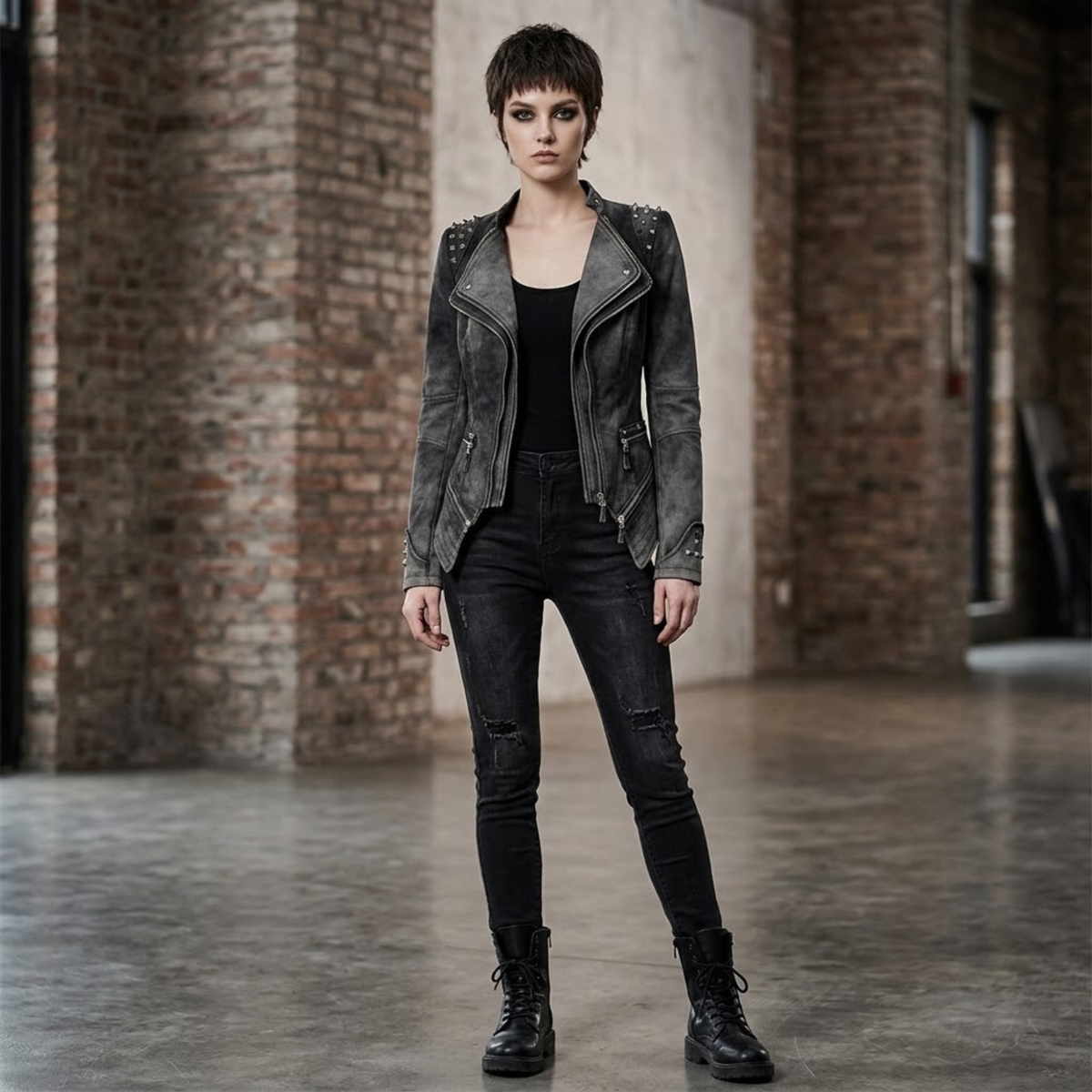 Veste en jean grise femme à rivets – Style gothique