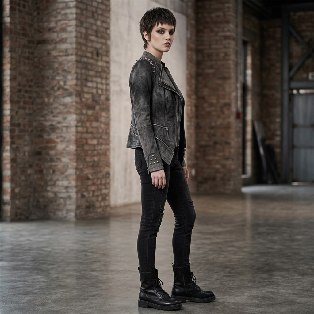Veste en jean grise femme à rivets – Style gothique