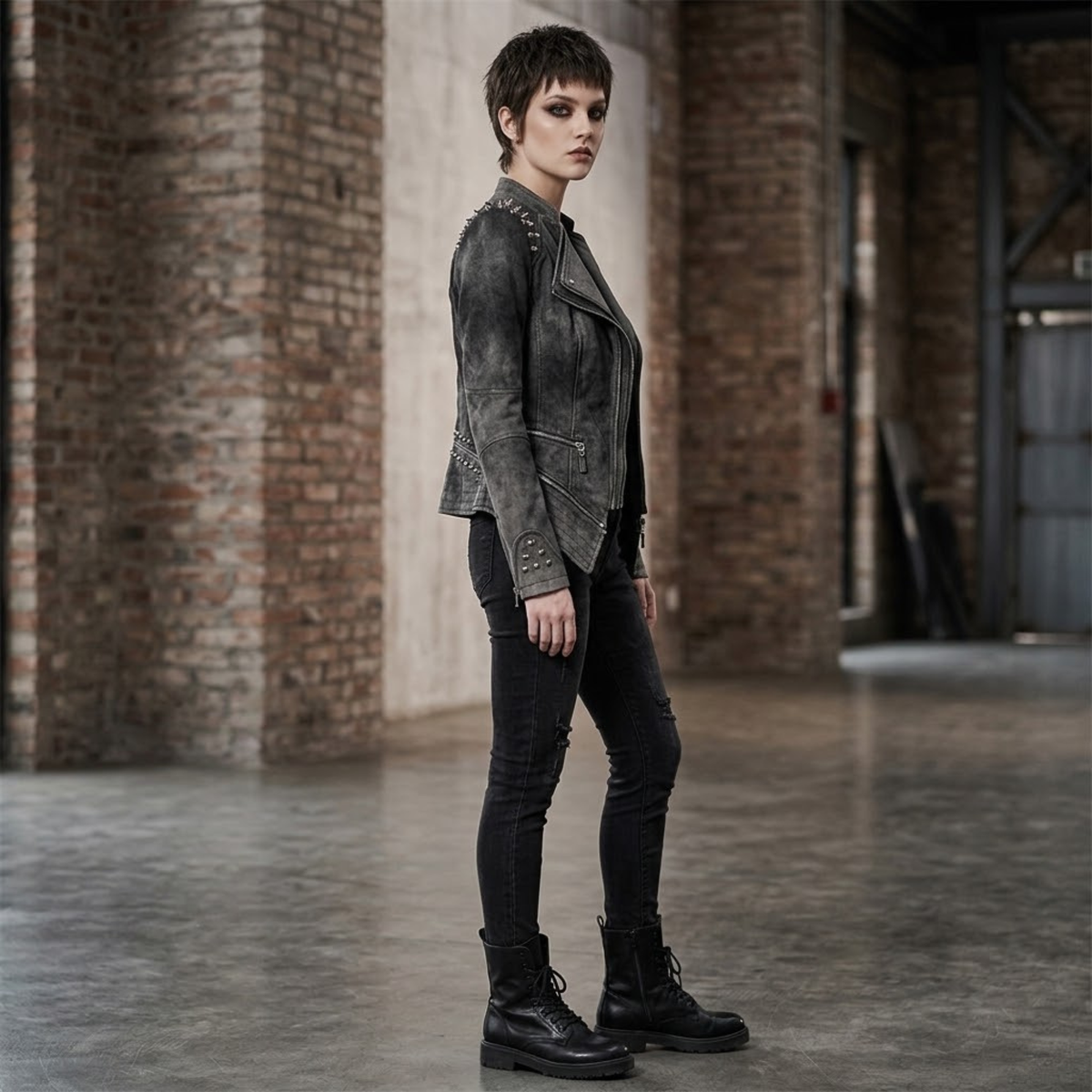 Veste en jean grise femme à rivets – Style gothique