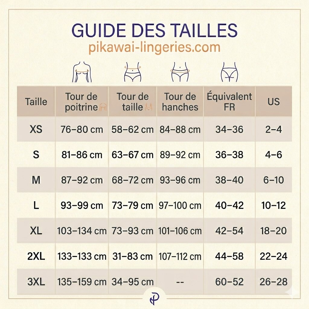 Guide des tailles Pikawai : tour de poitrine, de taille et de hanches par taille